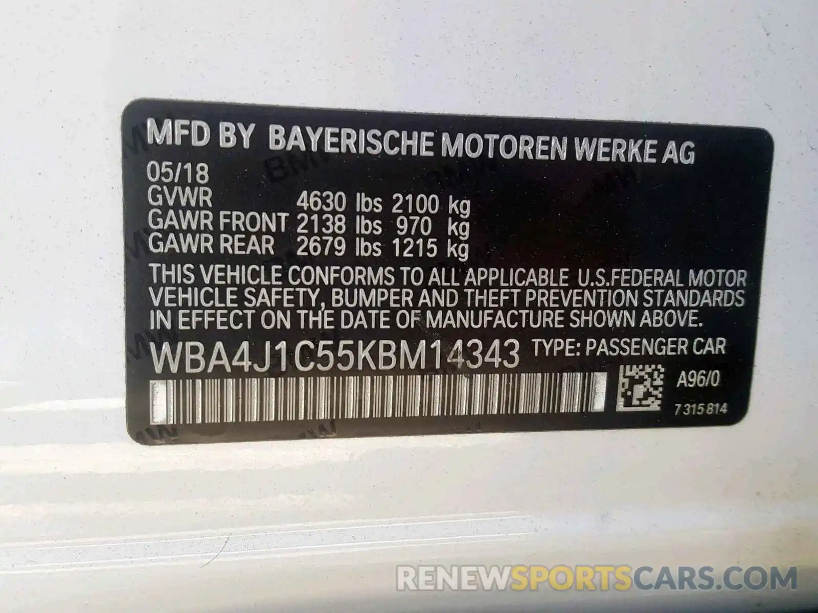 10 Photograph of a damaged car WBA4J1C55KBM14343 BMW 4 SERIES 2019