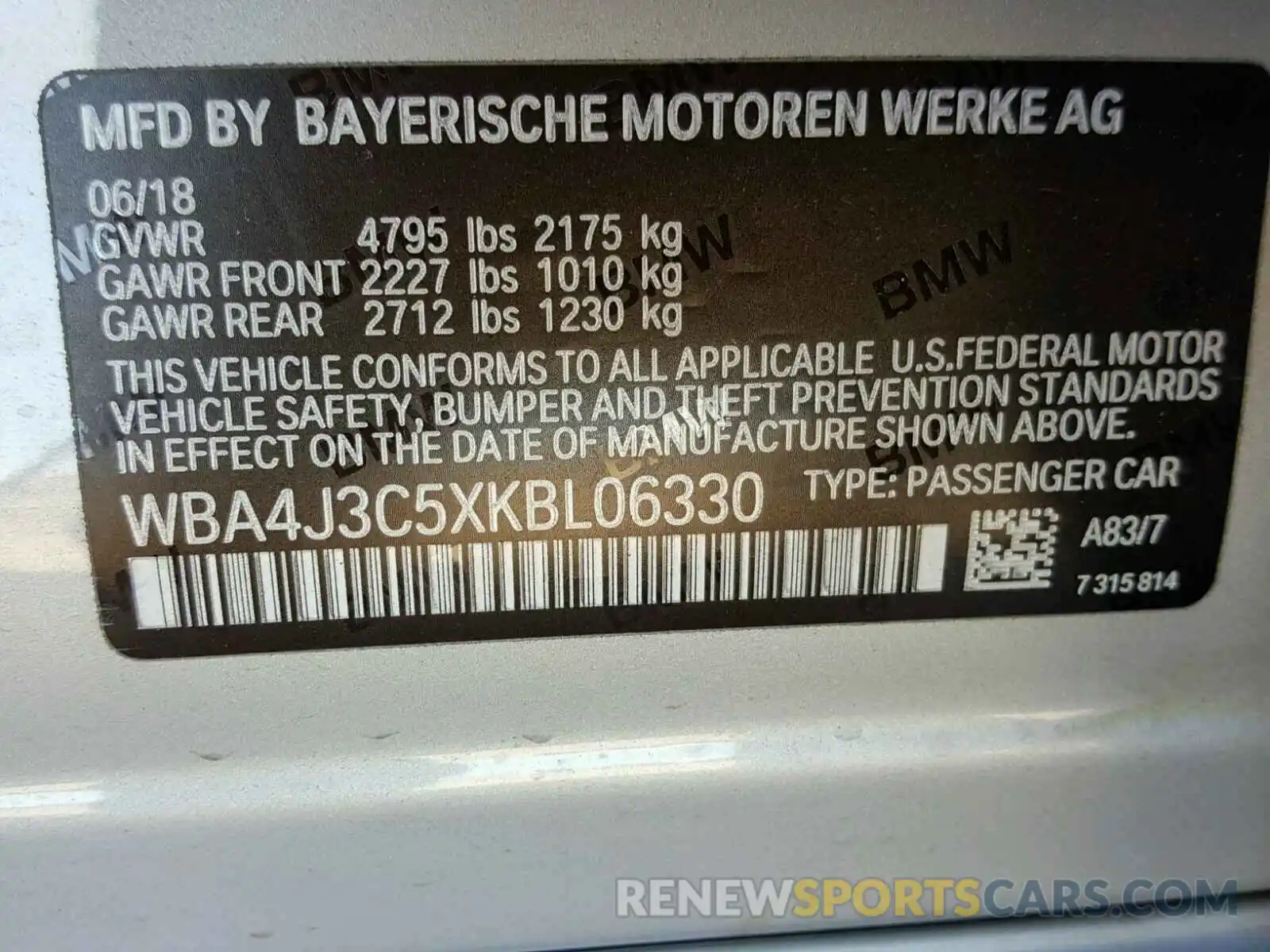 10 Photograph of a damaged car WBA4J3C5XKBL06330 BMW 4 SERIES 2019