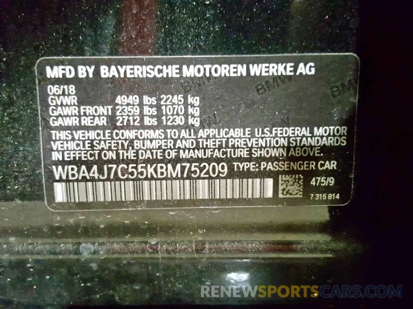 10 Photograph of a damaged car WBA4J7C55KBM75209 BMW 4 SERIES 2019