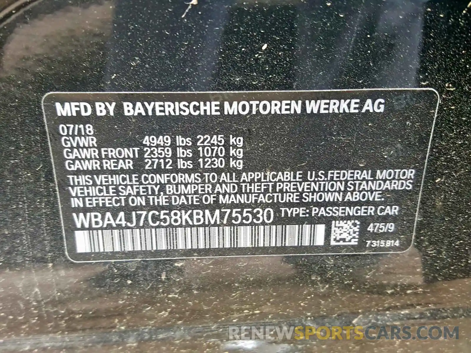 10 Photograph of a damaged car WBA4J7C58KBM75530 BMW 4 SERIES 2019