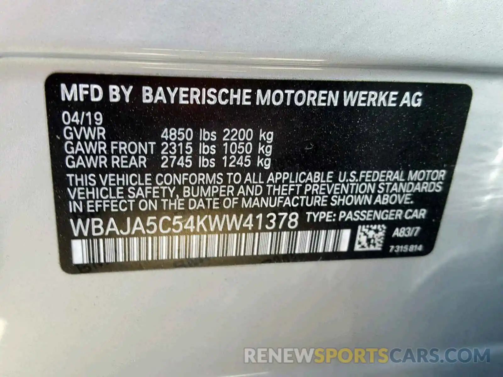 10 Photograph of a damaged car WBAJA5C54KWW41378 BMW 5 SERIES 2019