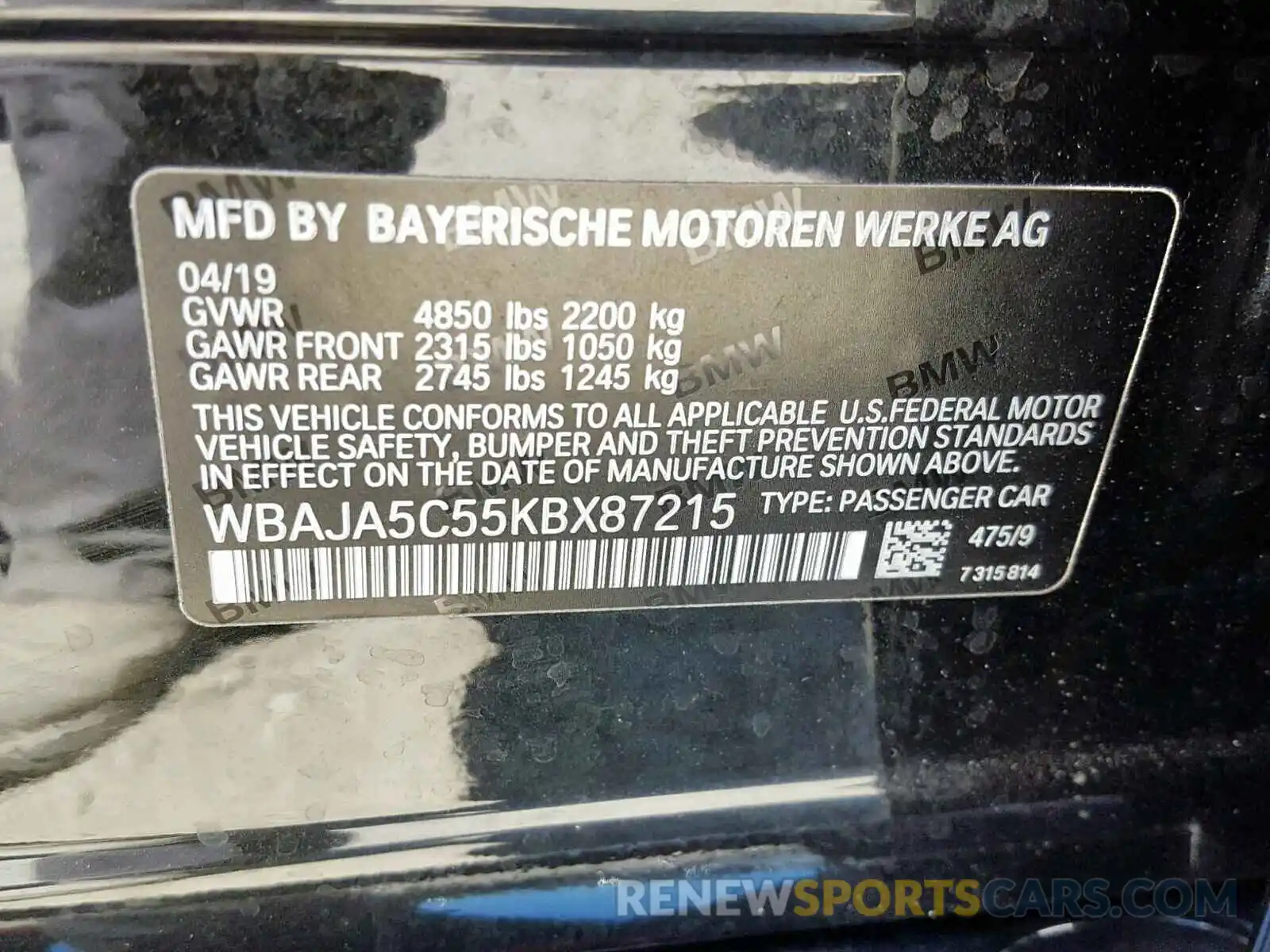 10 Photograph of a damaged car WBAJA5C55KBX87215 BMW 5 SERIES 2019