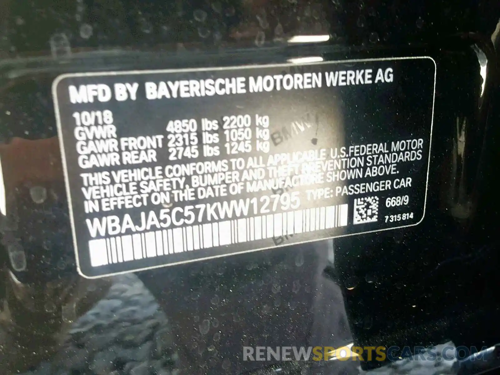10 Photograph of a damaged car WBAJA5C57KWW12795 BMW 5 SERIES 2019