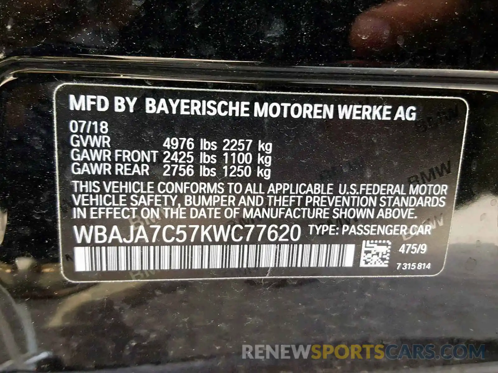10 Photograph of a damaged car WBAJA7C57KWC77620 BMW 5 SERIES 2019
