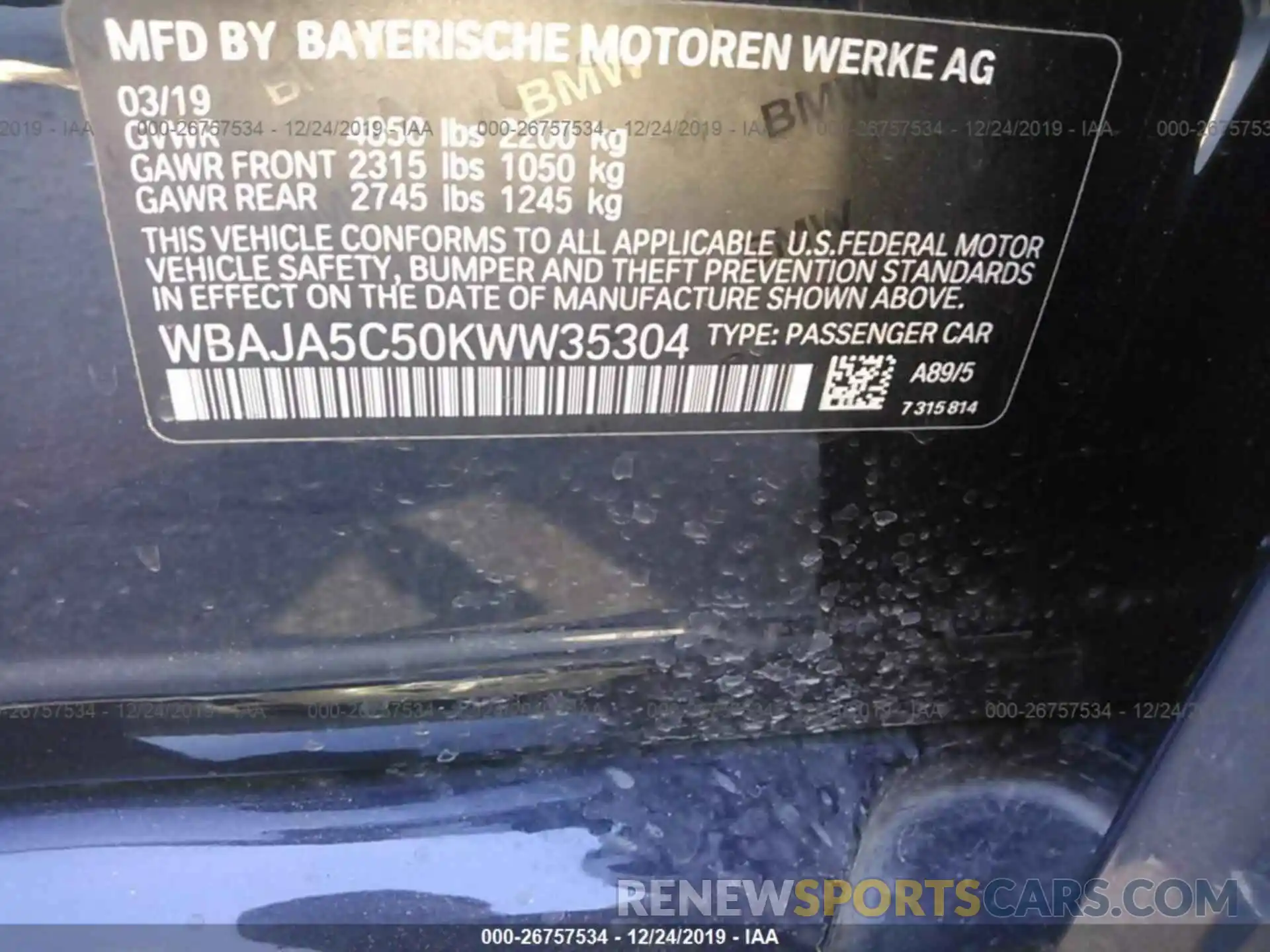 9 Photograph of a damaged car WBAJA5C50KWW35304 BMW 530 2019