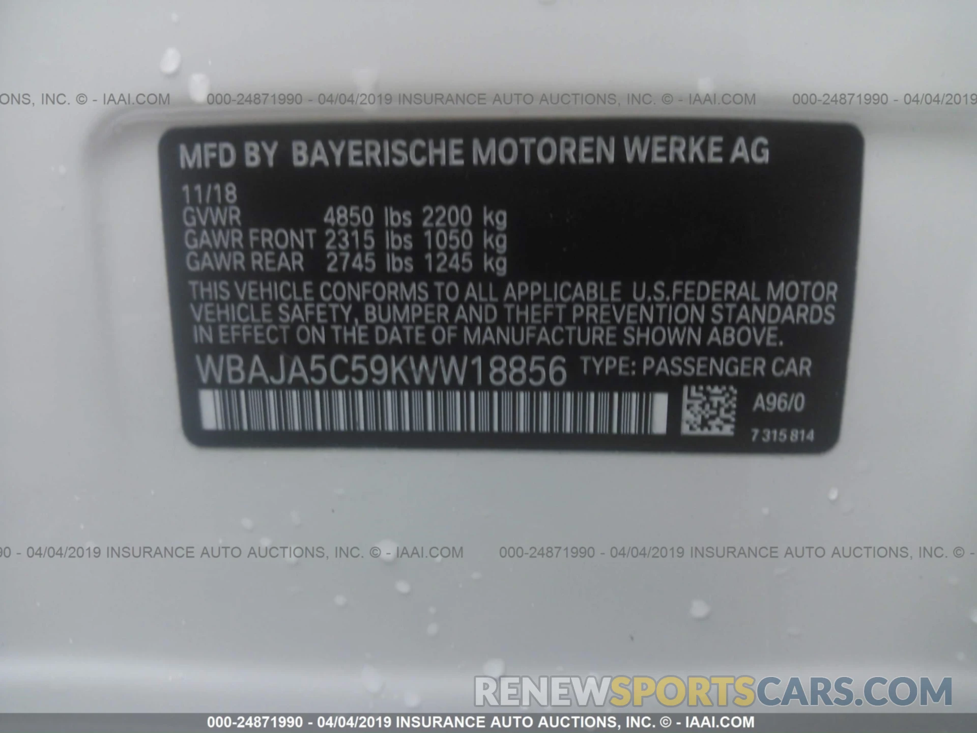 9 Photograph of a damaged car WBAJA5C59KWW18856 BMW 530 2019