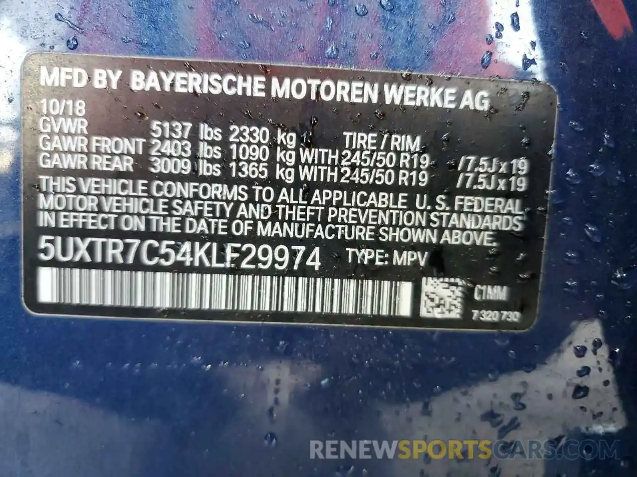 13 Photograph of a damaged car 5UXTR7C54KLF29974 BMW X3 2019