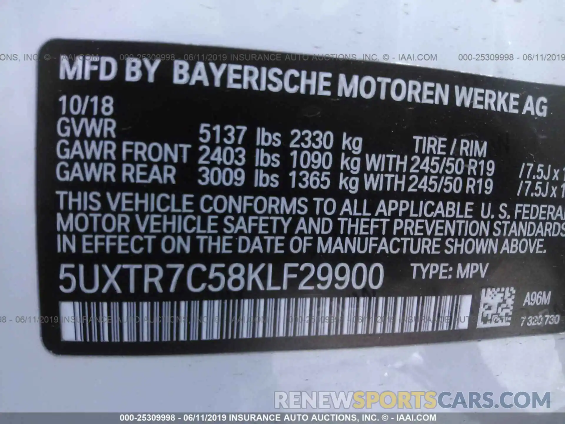 9 Photograph of a damaged car 5UXTR7C58KLF29900 BMW X3 2019