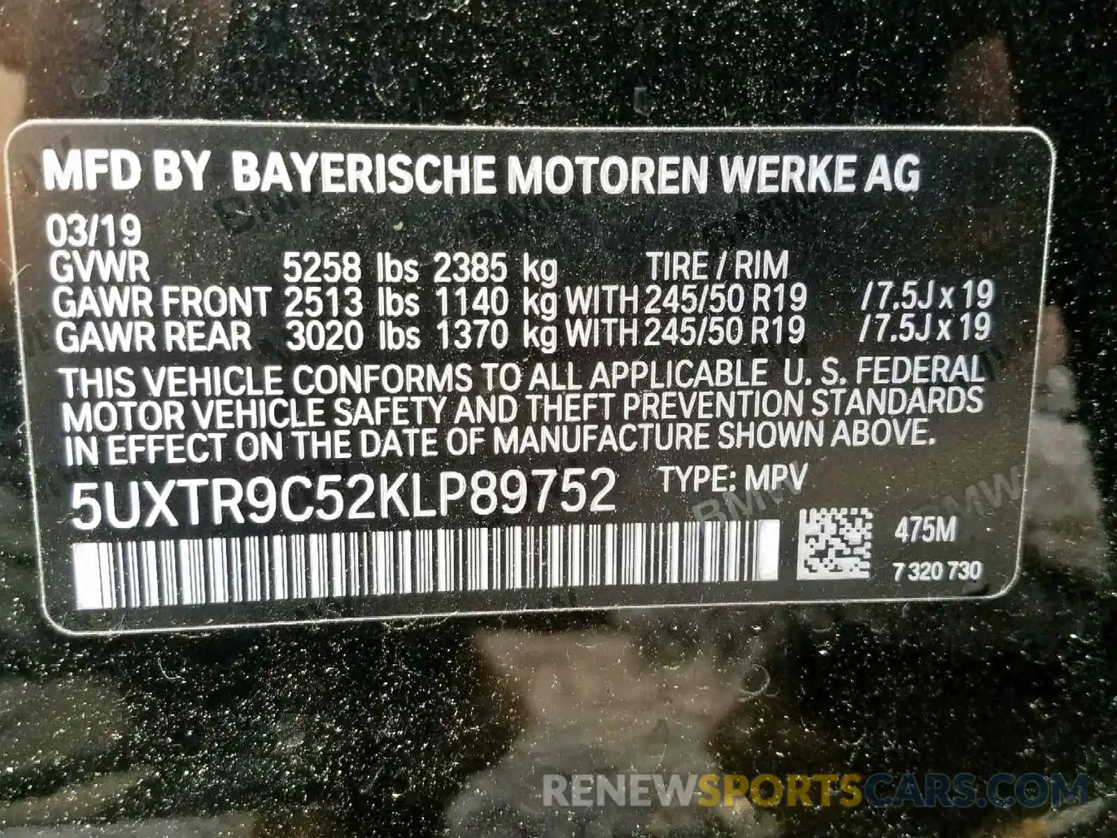 10 Photograph of a damaged car 5UXTR9C52KLP89752 BMW X3 2019