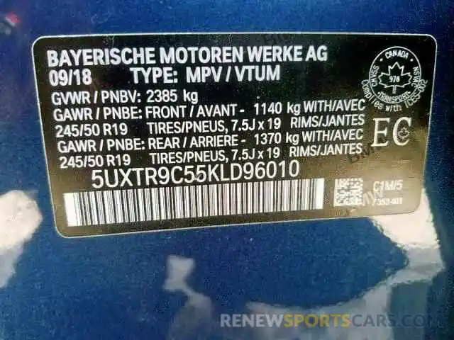 10 Photograph of a damaged car 5UXTR9C55KLD96010 BMW X3 2019