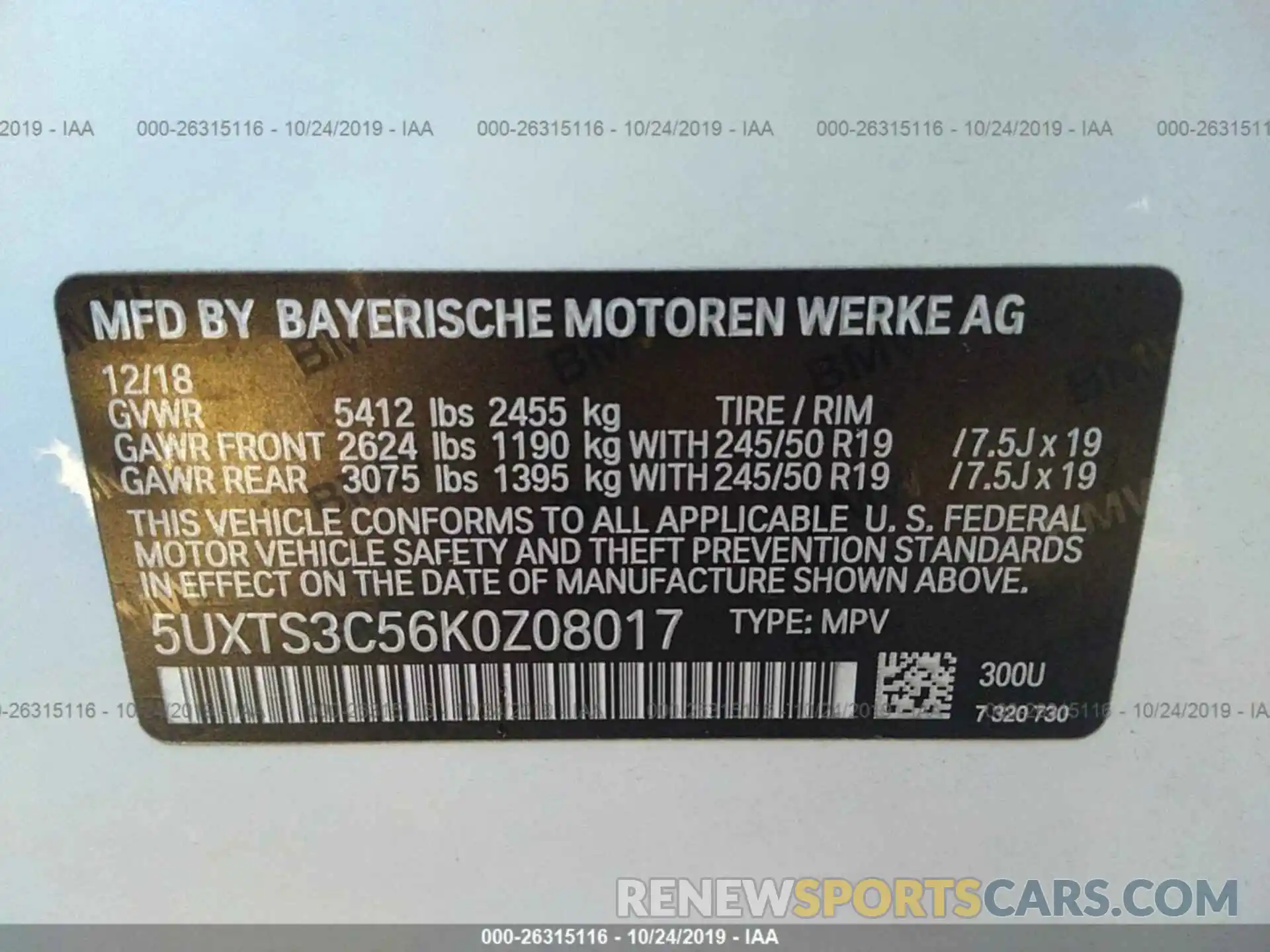 9 Photograph of a damaged car 5UXTS3C56K0Z08017 BMW X3 2019