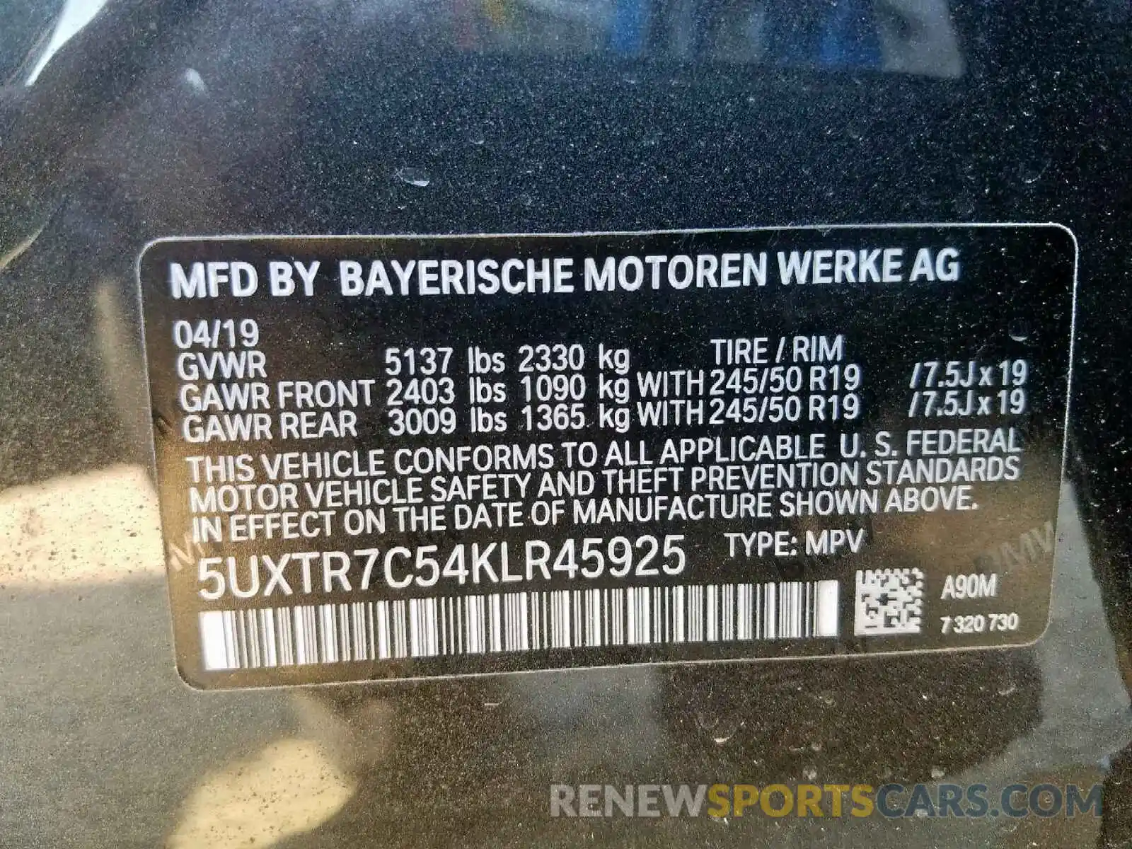 10 Photograph of a damaged car 5UXTR7C54KLR45925 BMW X3 SDRIVE3 2019