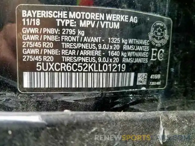 10 Photograph of a damaged car 5UXCR6C52KLL01219 BMW X5 XDRIVE4 2019