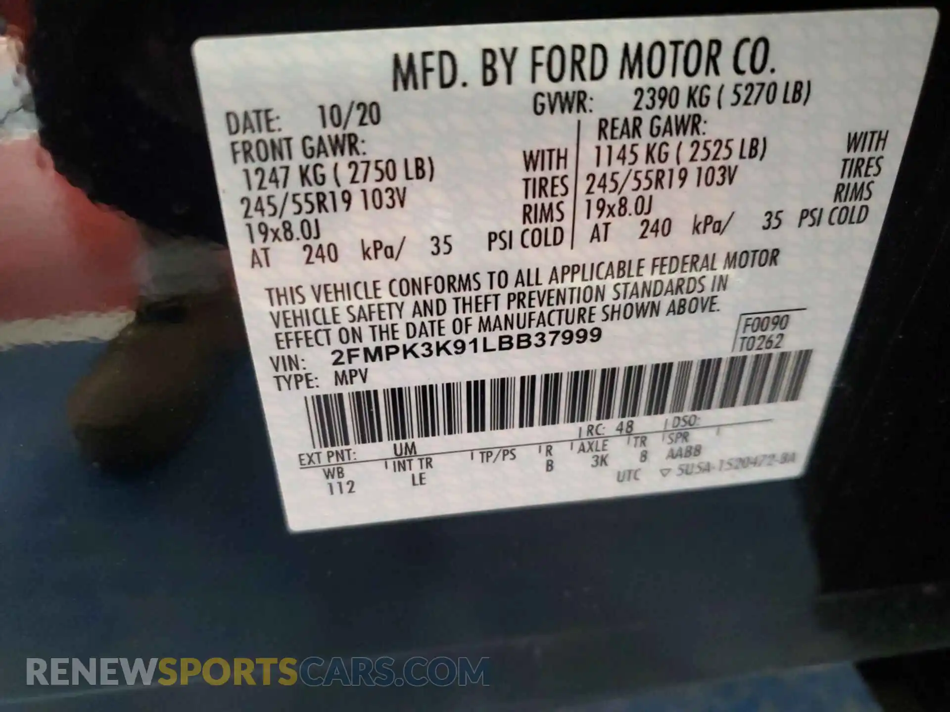 3 Photograph of a damaged car 2FMPK3K91LBB37999 FORD EDGE 2020
