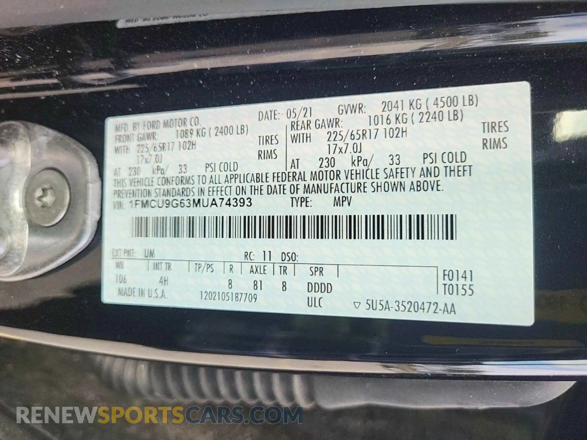 1 fotografías del automóvil dañado 1FMCU9G63MUA74393 FORD ESCAPE 2021