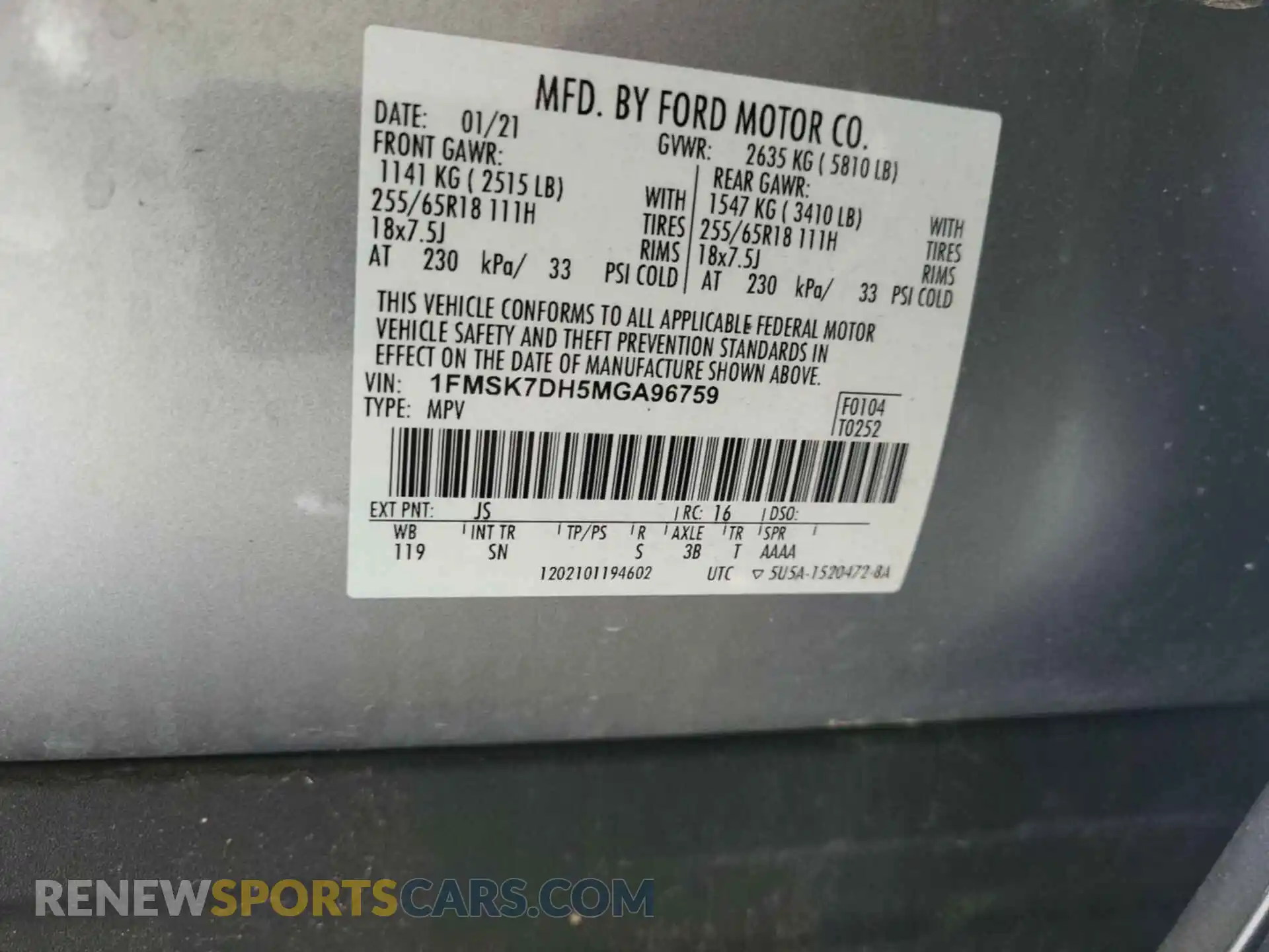 1 Photograph of a damaged car 1FMSK7DH5MGA96759 FORD EXPLORER 2021