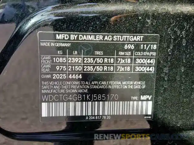 10 Photograph of a damaged car WDCTG4GB1KJ585170 MERCEDES-BENZ GLA 250 4M 2019