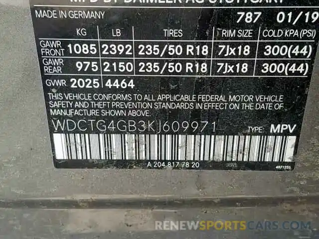 10 Photograph of a damaged car WDCTG4GB3KJ609971 MERCEDES-BENZ GLA 250 4M 2019