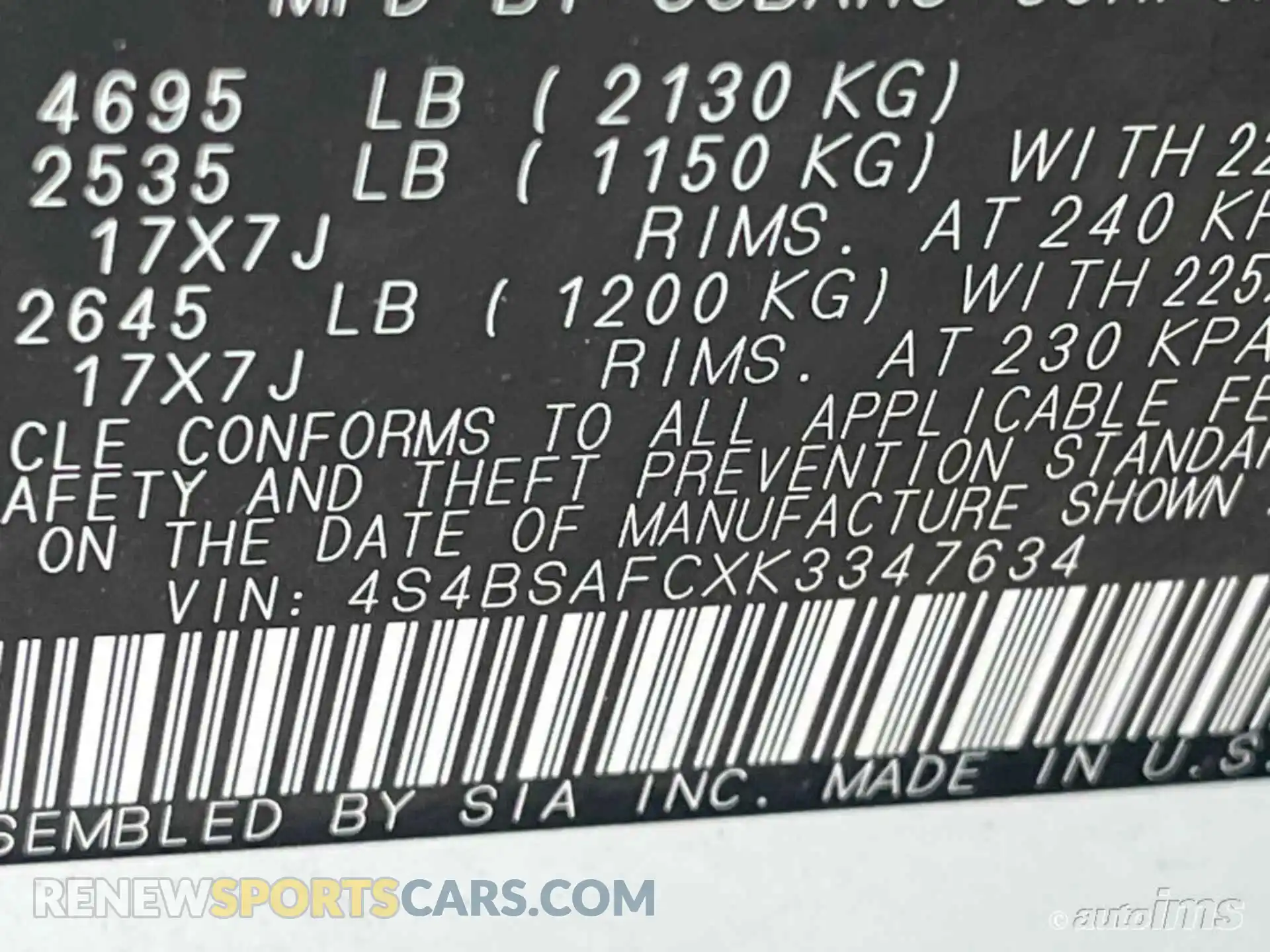 1 Photograph of a damaged car 4S4BSAFCXK3347634 SUBARU OUTBACK 2019