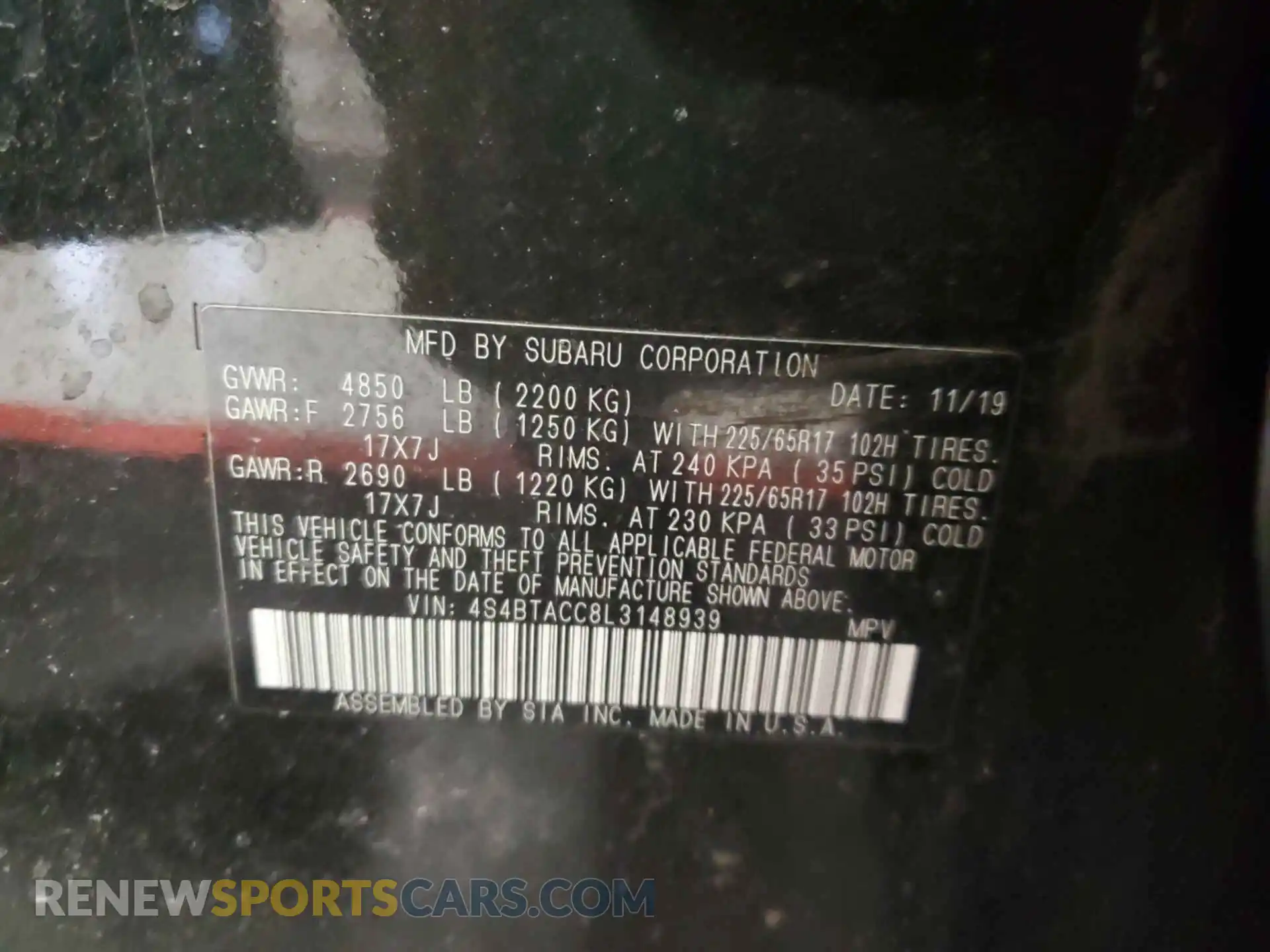 1 Photograph of a damaged car 4S4BTACC8L3148939 SUBARU OUTBACK 2020