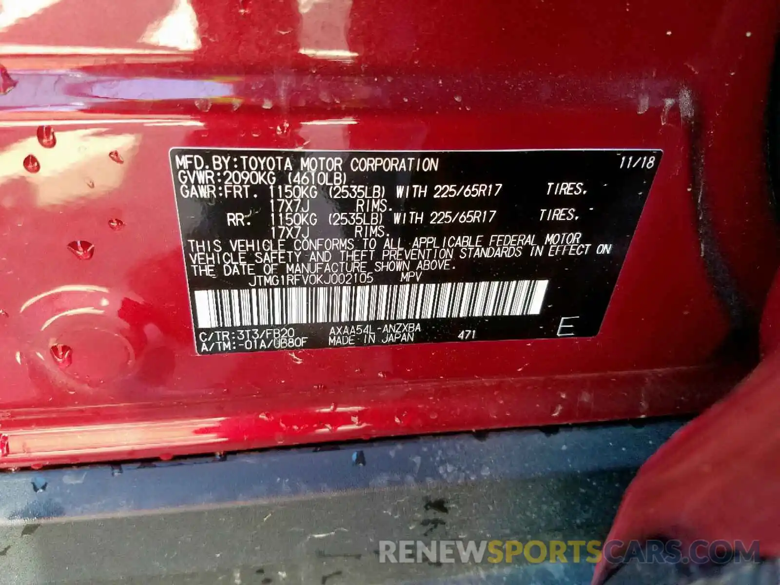 10 Photograph of a damaged car JTMG1RFV0KJ002105 TOYOTA RAV4 LE 2019
