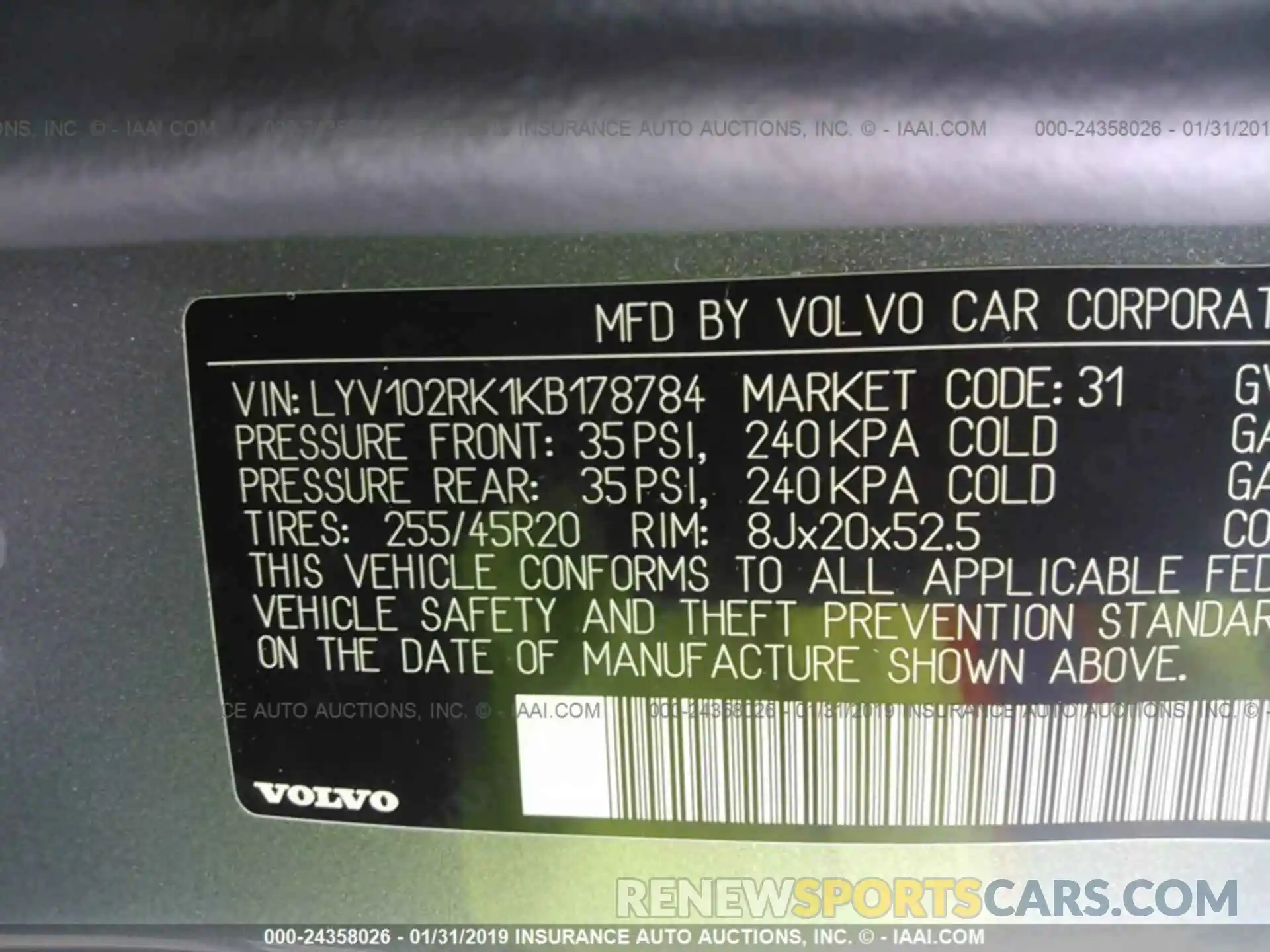9 Photograph of a damaged car LYV102RK1KB178784 VOLVO XC60 2019